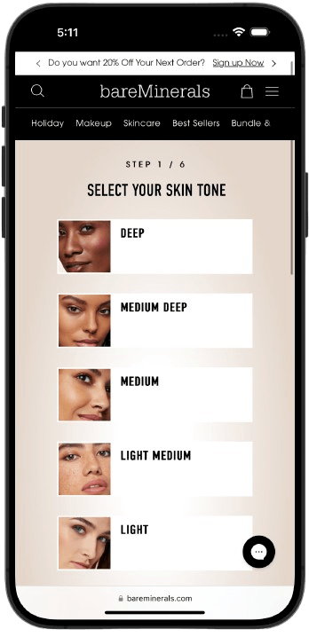 bareMinerals mobile shade finder showing skin-tone choices