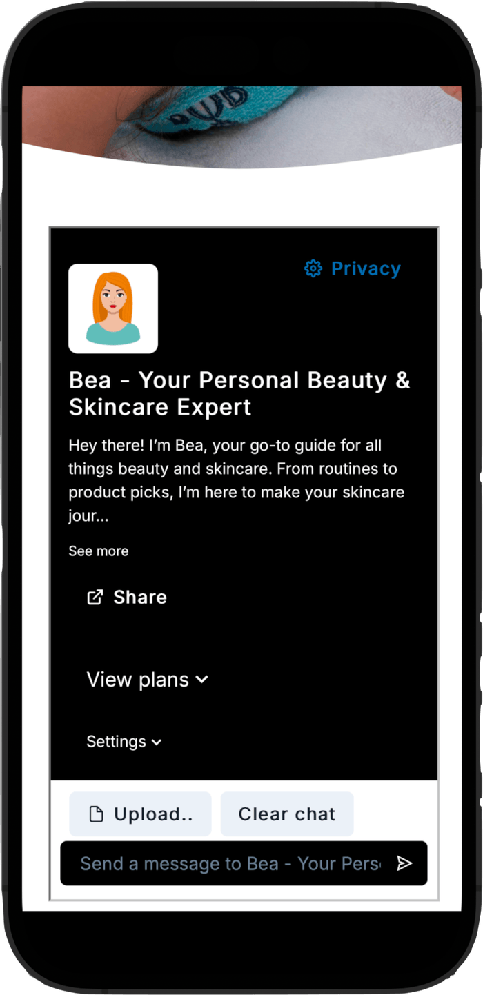 BeautyGPT mobile prototype showing the Bea skincare guidance experience